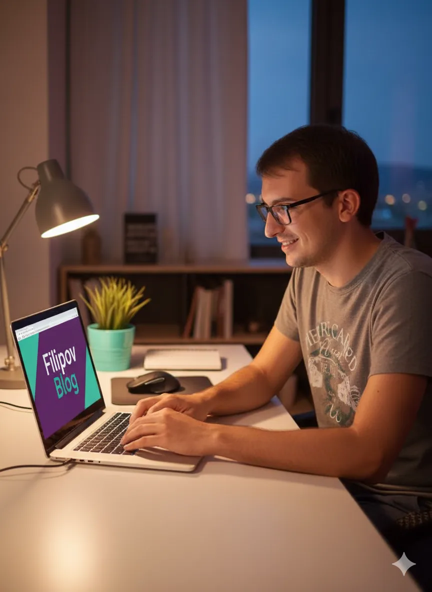 Filip Dorić radi na laptopu u modernom digitalnom radnom prostoru dok na ekranu piše Filipov Blog o online poslovanju i idejama s interneta