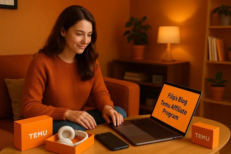 Žena čita Filipov Blog na laptopu o affiliate marketingu, okružena gadgetima i uređajima, narančasta pozadina