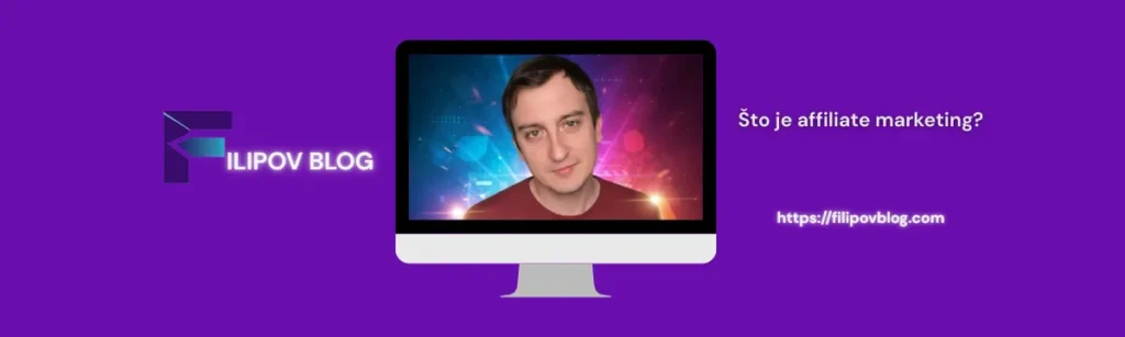 Filip Dorić za laptopom na slici monitora, s pozadinom #6A0DAD, Filipov Blog i affiliate marketing prikazani