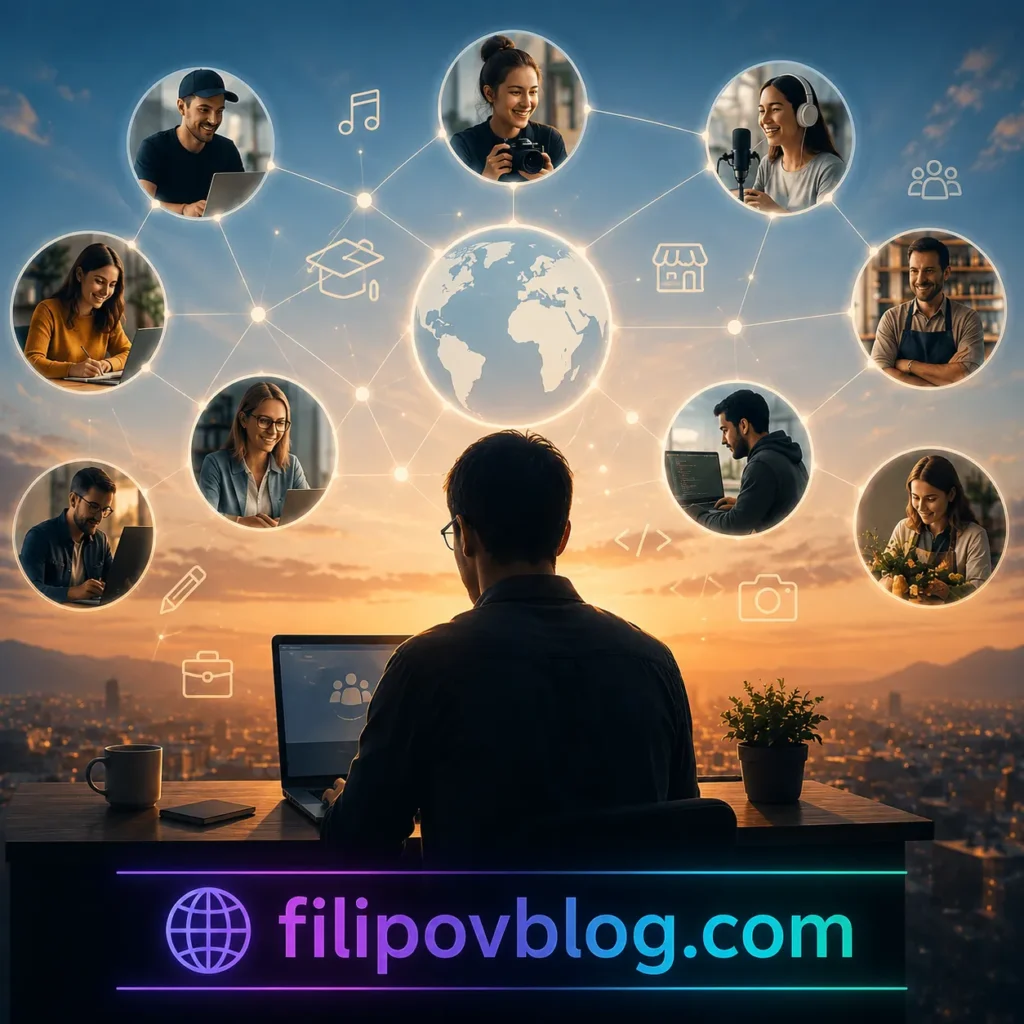 Filip Dorić radi na laptopu dok je povezan s globalnom mrežom kreatora i online poduzetnika, simbol online poslovanja i FilipovBlog.com zajednice