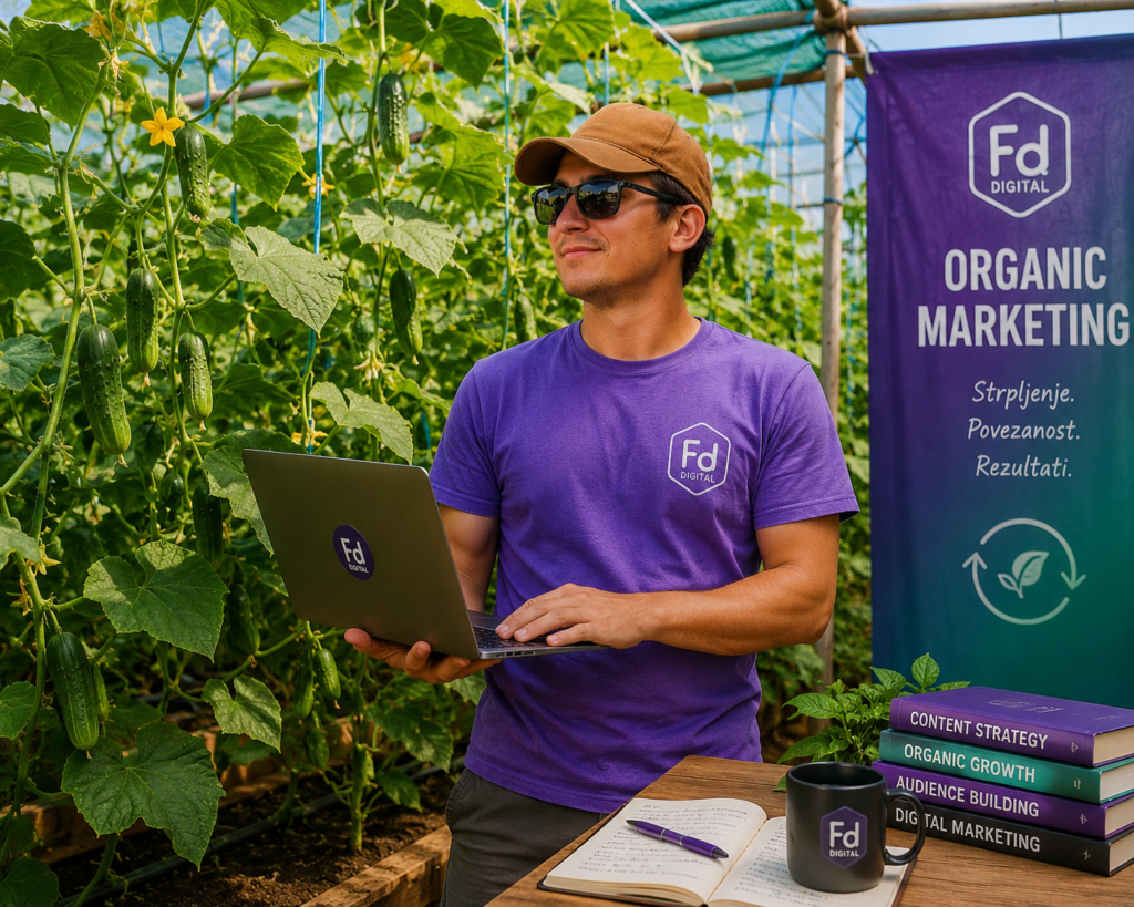Filip Dorić stoji među krastavcima u stakleniku s laptopom u rukama kao simbol organic marketinga, online poslovanja i dugoročnog rasta kroz sadržaj