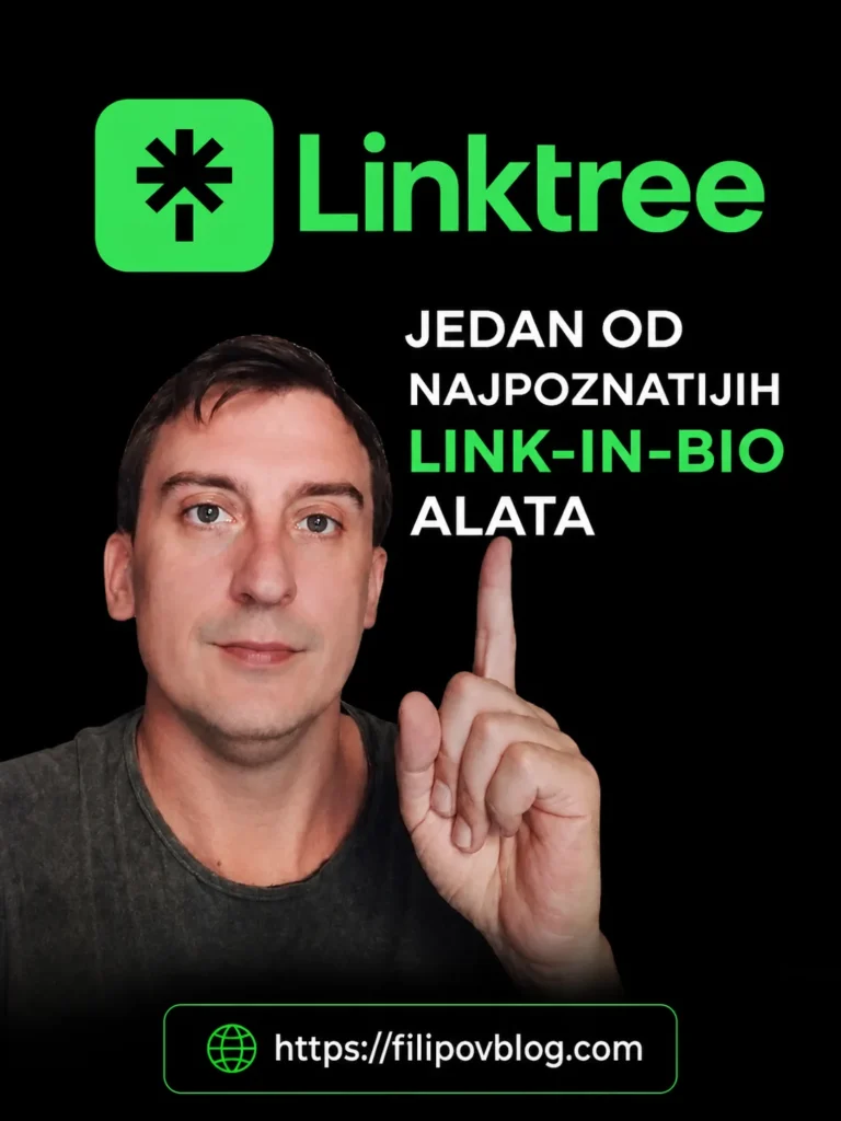 Linktree kao jedan od najpoznatijih link-in-bio alata, Filip Dorić pokazuje prema tekstu i promovira Filipov Blog za bolju online prisutnost i zaradu