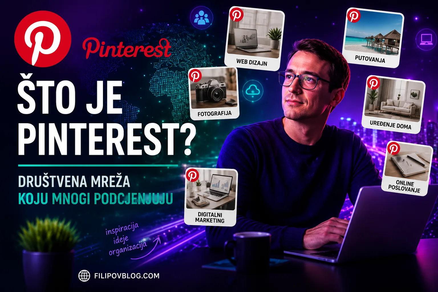 Pinterest društvena mreža prikazana kroz Filipa Dorića koji istražuje ideje za digitalni marketing, online poslovanje i izgradnju online prisutnosti.