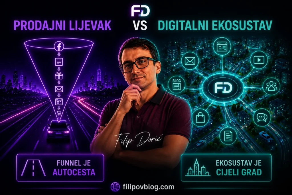 Ilustracija koja uspoređuje digitalni ekosustav i prodajni lijevak kroz metaforu autoceste i prometne mreže grada. Autor: Filip Dorić, Filipov Blog.