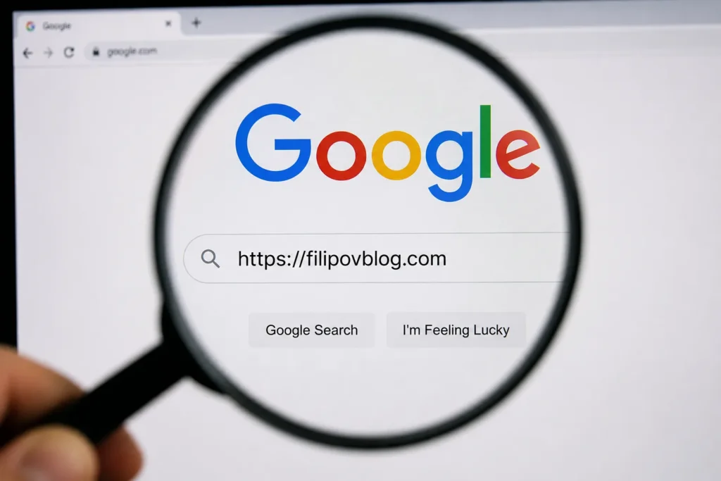 Google fenomen – povećalo iznad Google tražilice s upisanim FilipovBlog.com, ilustracija kako Filip Dorić istražuje digitalni svijet na Filipovom Blogu