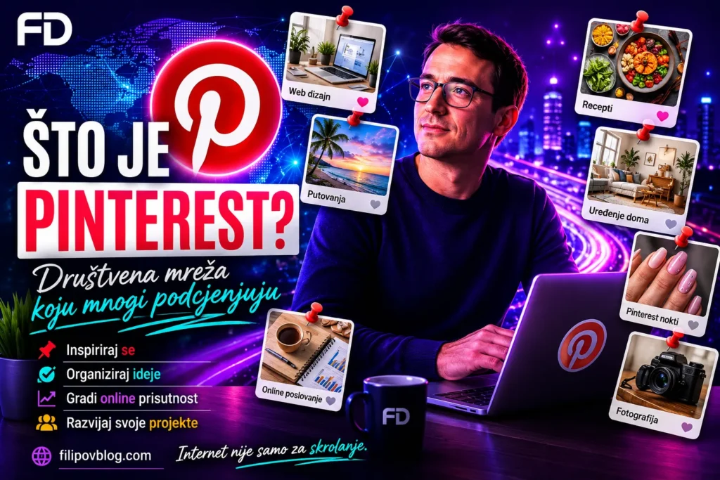 Pinterest društvena mreža s primjerima sadržaja poput putovanja, fotografije, web dizajna i online poslovanja.