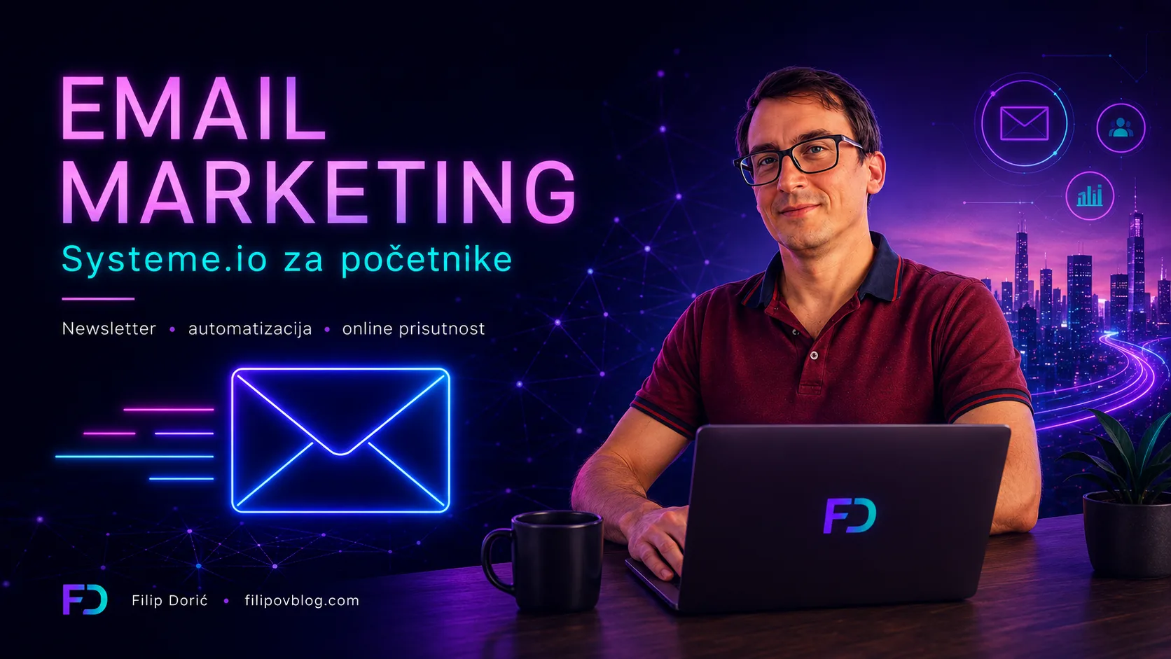 Filip Dorić za laptopom uz neonsku ikonu emaila i naslov Systeme.io za početnike