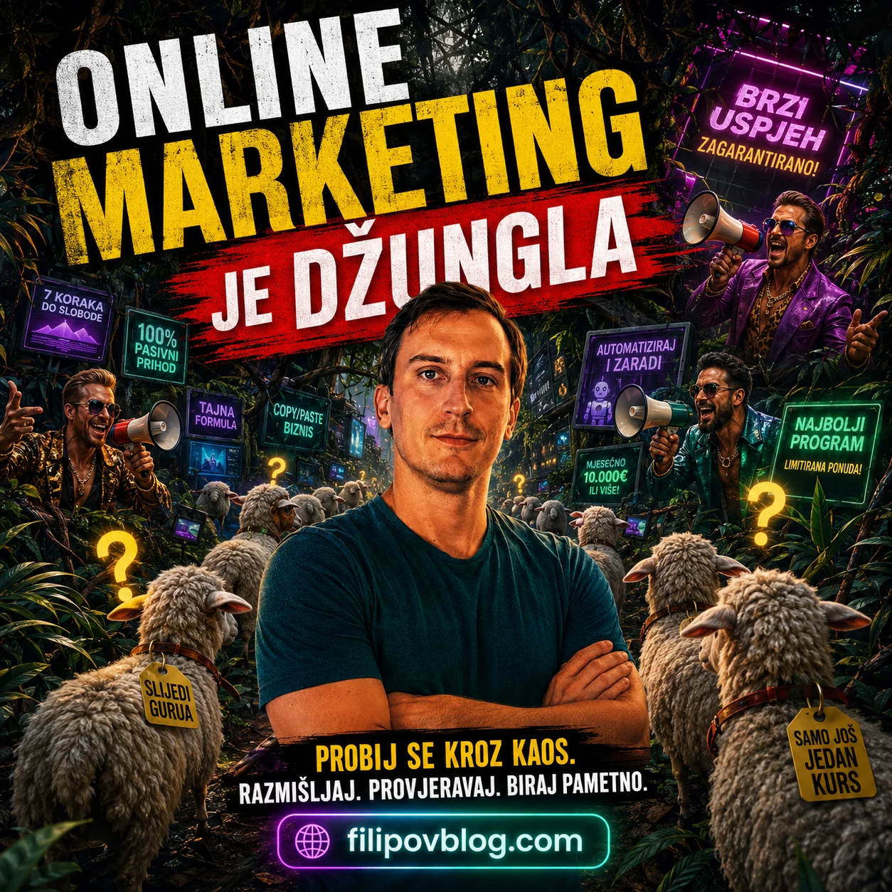 Online poslovne prilike prikazane kao marketinška džungla s guruima, obećanjima brze zarade i ljudima koji slijede trendove