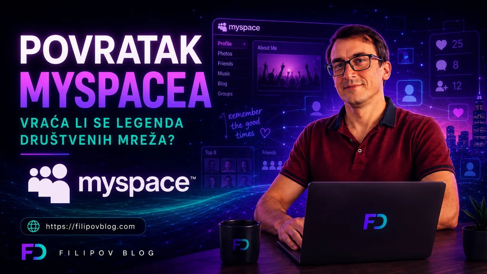 Povratak Myspacea prikazan uz Filipa Dorića, laptop i elemente legendarne društvene mreže