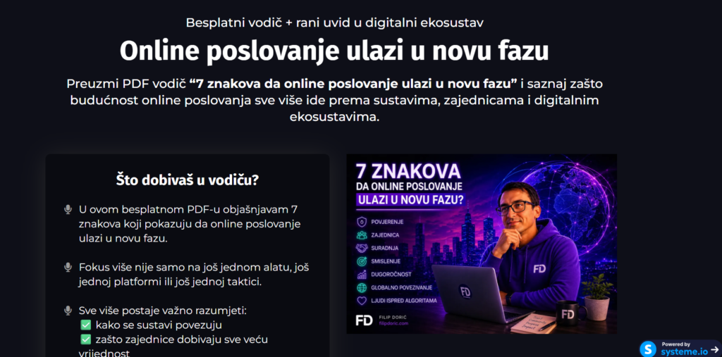 Dio landing pagea izrađenog u Systeme.io za prikupljanje prijava i besplatni vodič