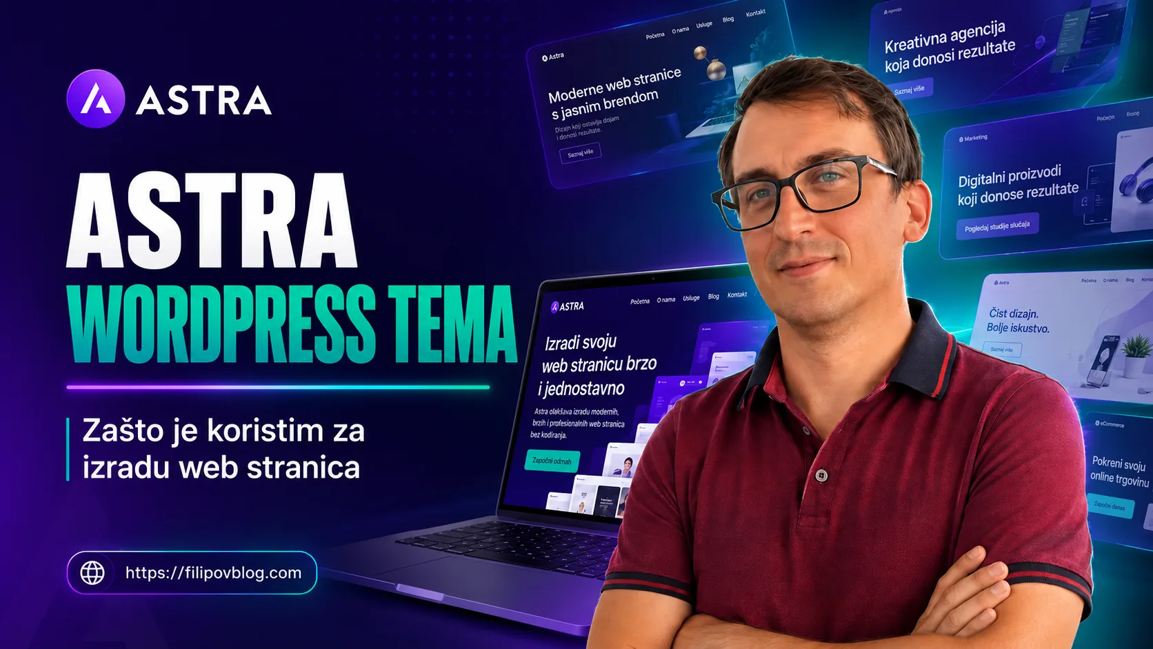 Astra WordPress tema prikazana uz Filipa Dorića, laptop i primjere modernih web stranica