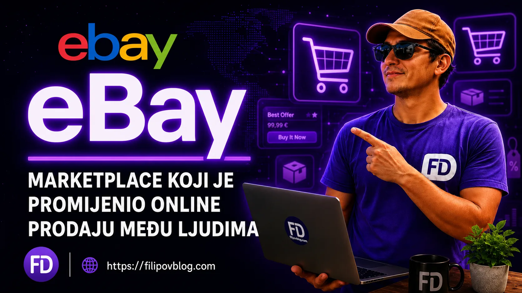 eBay marketplace prikazan kroz neonski vizual online prodaje, aukcija i trgovine među ljudima