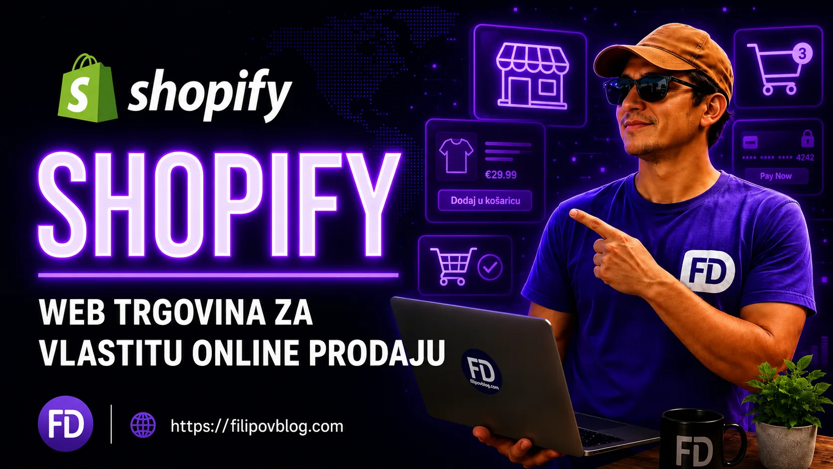 Shopify web trgovina prikazana kroz neonski vizual online prodaje s Filipom Dorićem za laptopom